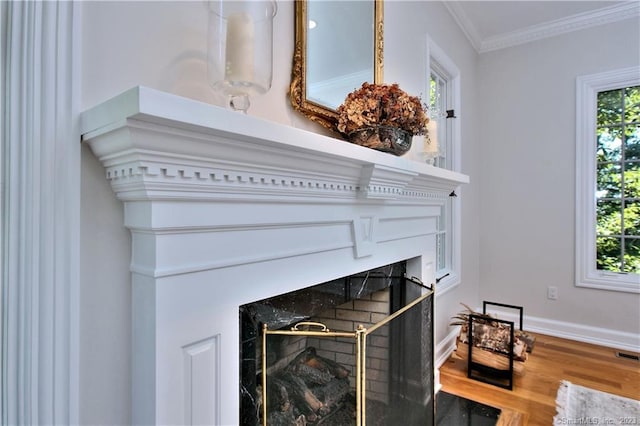 30 Soundview Farm Rd, Weston, CT 06883 - detailed view of a fireplace, wood finished floors, and crown molding