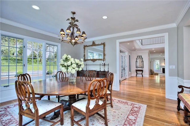 30 Soundview Farm Rd, Weston, CT 06883 - dining space with a chandelier, light wood-type flooring, ornamental molding, and recessed lighting