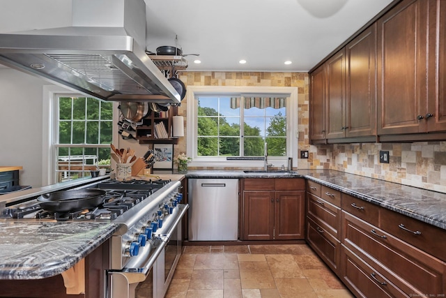 101 Golden Hill St, Trumbull, CT 06611 - kitchen with range hood, stainless steel appliances, recessed lighting, backsplash, and light stone finish flooring