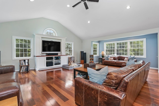101 Golden Hill St, Trumbull, CT 06611 - living room with a ceiling fan, lofted ceiling, wood-type flooring, and recessed lighting