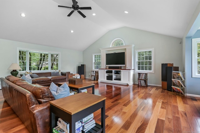 101 Golden Hill St, Trumbull, CT 06611 - living area featuring vaulted ceiling, wood finished floors, ceiling fan, and recessed lighting
