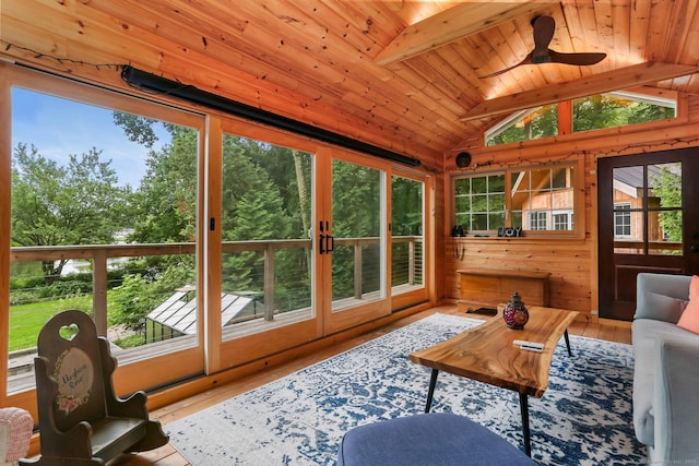 101 Golden Hill St, Trumbull, CT 06611 - living room with wood ceiling, hardwood / wood-style flooring, ceiling fan, and wood walls