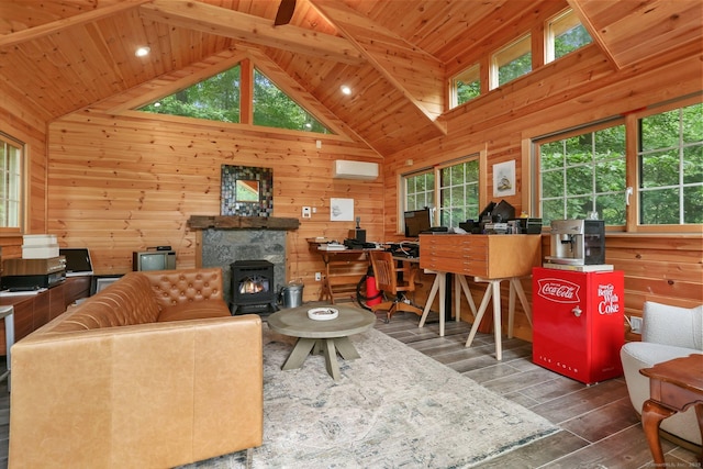 101 Golden Hill St, Trumbull, CT 06611 - living room with wooden walls, an AC wall unit, hardwood / wood-style floors, a desk, and high vaulted ceiling