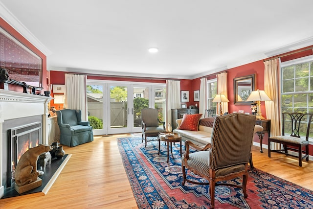 312 Elm St Apt 9, New Canaan, CT 06840 - living area with crown molding, french doors, a warm lit fireplace, and wood finished floors