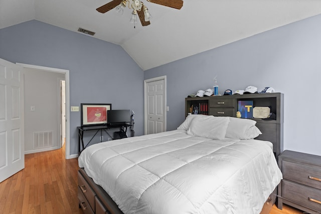 34 Village View Ter Unit 34, Meriden, CT 06451 - bedroom with lofted ceiling, light wood-type flooring, and a ceiling fan
