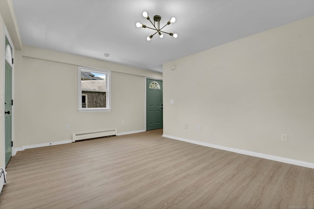 169 Mount Pleasant St, Norwich, CT 06360 - spare room featuring a baseboard radiator, a chandelier, and light wood finished floors