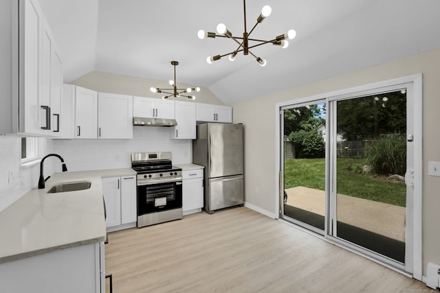 169 Mount Pleasant St, Norwich, CT 06360 - kitchen featuring appliances with stainless steel finishes, a chandelier, under cabinet range hood, tasteful backsplash, and light wood finished floors