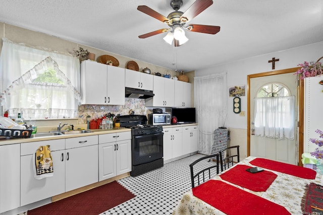 33 Aetna St, Naugatuck, CT 06770 - kitchen featuring gas stove, under cabinet range hood, stainless steel microwave, and white cabinets