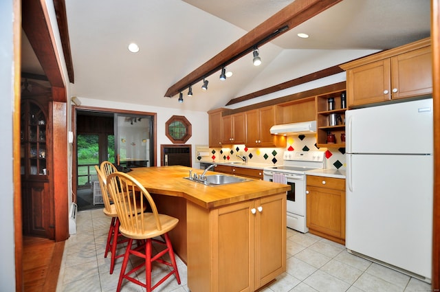 172 Bentley Cir, Goshen, CT 06756 - kitchen featuring white appliances, wood counters, under cabinet range hood, lofted ceiling, and open shelves