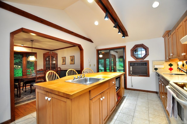172 Bentley Cir, Goshen, CT 06756 - kitchen featuring wooden counters, a kitchen island with sink, an AC wall unit, vaulted ceiling, and white electric stove