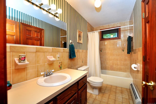 172 Bentley Cir, Goshen, CT 06756 - bathroom featuring a baseboard radiator, vanity, wallpapered walls, shower / bath combo with shower curtain, and tile patterned floors