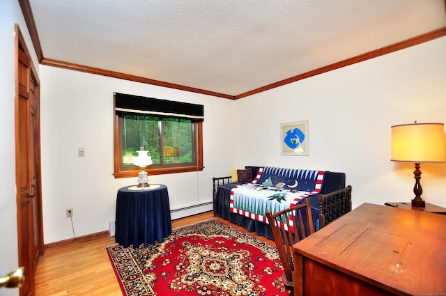 172 Bentley Cir, Goshen, CT 06756 - bedroom featuring a baseboard heating unit, wood finished floors, ornamental molding, and a textured ceiling