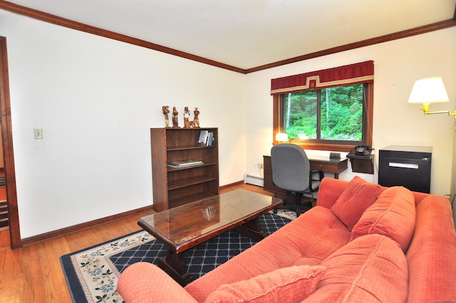 172 Bentley Cir, Goshen, CT 06756 - living room featuring wood finished floors, crown molding, a desk, and baseboard heating