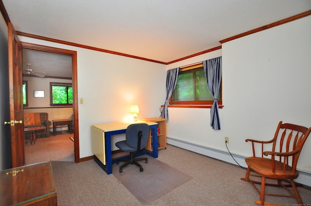 172 Bentley Cir, Goshen, CT 06756 - home office with a baseboard radiator, carpet, and ornamental molding