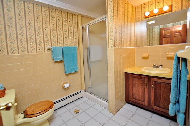 172 Bentley Cir, Goshen, CT 06756 - bathroom with a baseboard radiator, tile walls, wallpapered walls, vanity, and a stall shower