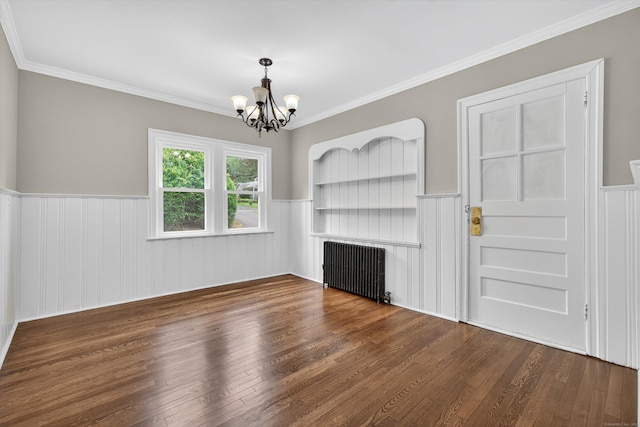 3 Moody Ln, Danbury, CT 06811 - unfurnished dining area with radiator heating unit, a chandelier, wainscoting, wood finished floors, and crown molding