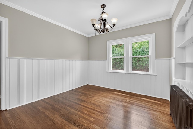 3 Moody Ln, Danbury, CT 06811 - unfurnished dining area with radiator heating unit, a chandelier, a wainscoted wall, wood finished floors, and ornamental molding