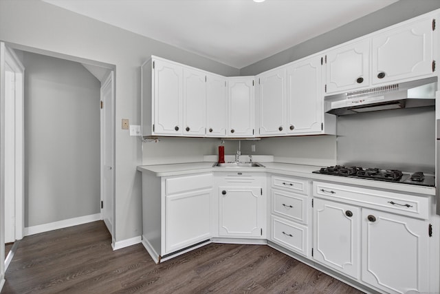 3 Moody Ln, Danbury, CT 06811 - kitchen with under cabinet range hood, dark wood-style floors, white cabinetry, and black gas cooktop