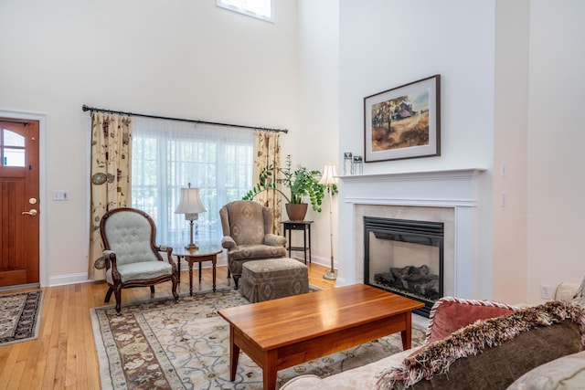 802 Dzen Way Unit 802, South Windsor, CT 06074 - living room featuring a high ceiling, a glass covered fireplace, and light wood-style floors