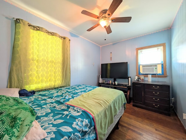 715 Burnsford Ave, Bridgeport, CT 06606 - bedroom with crown molding, dark wood-style floors, cooling unit, and ceiling fan