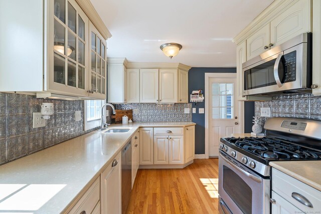 216 Main St, Glastonbury, CT 06073 - kitchen featuring appliances with stainless steel finishes, light countertops, plenty of natural light, and light wood-style flooring