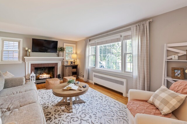 216 Main St, Glastonbury, CT 06073 - living area featuring radiator heating unit, a brick fireplace, plenty of natural light, and light wood-style floors