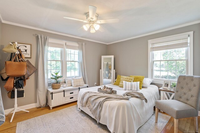 216 Main St, Glastonbury, CT 06073 - bedroom featuring multiple windows, light wood-style floors, ornamental molding, and ceiling fan