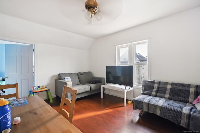 32 Williams St, Bristol, CT 06010 - living room featuring a ceiling fan, wood finished floors, and vaulted ceiling