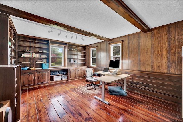 186 Wood Pond Rd, South Windsor, CT 06074 - office featuring a textured ceiling, wood-type flooring, beamed ceiling, plenty of natural light, and wood walls