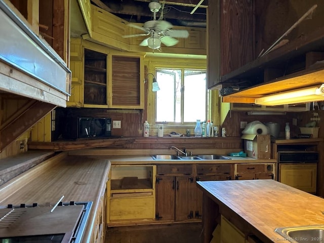 109 Clay St, Thomaston, CT 06787 - kitchen featuring black appliances, butcher block counters, and ceiling fan