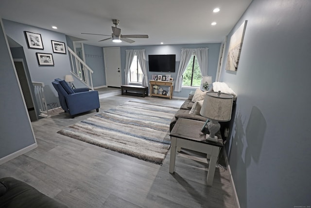 44 Hitching Post Ln Unit 44, Glastonbury, CT 06033 - living area featuring stairway, ceiling fan, wood finished floors, and recessed lighting