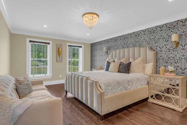 8 Jacob Ln, Killingworth, CT 06419 - bedroom with wallpapered walls, ornamental molding, dark wood-style floors, a chandelier, and recessed lighting