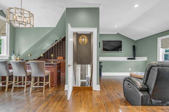 8 Jacob Ln, Killingworth, CT 06419 - indoor dry bar featuring a chandelier, vaulted ceiling, wood finished floors, stairs, and recessed lighting