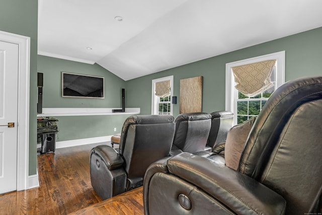 8 Jacob Ln, Killingworth, CT 06419 - home theater room with wood finished floors, vaulted ceiling, and ornamental molding
