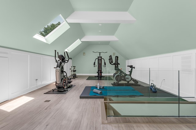 8 Jacob Ln, Killingworth, CT 06419 - exercise area with wood finished floors, lofted ceiling, and a skylight