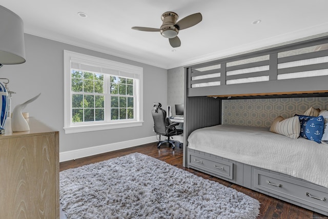 8 Jacob Ln, Killingworth, CT 06419 - bedroom featuring ornamental molding, dark wood-type flooring, a ceiling fan, and a desk