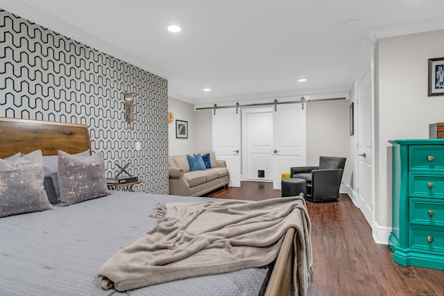 8 Jacob Ln, Killingworth, CT 06419 - bedroom featuring a barn door, ornamental molding, dark wood finished floors, and recessed lighting