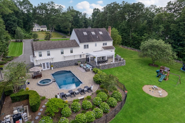 8 Jacob Ln, Killingworth, CT 06419 - back of house featuring a pergola, an in-ground hot tub, a chimney, and a patio