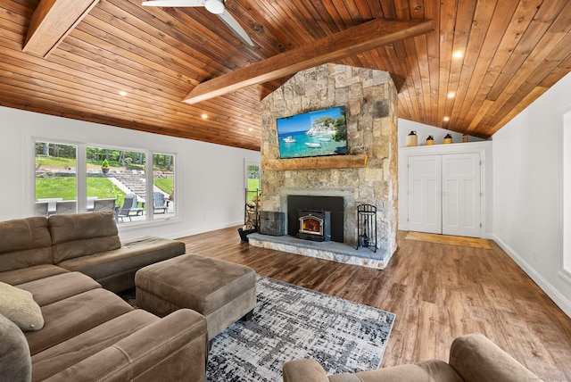 85 Good Hill Rd, Roxbury, CT 06783 - living room with wooden ceiling, a stone fireplace, wood finished floors, and a ceiling fan