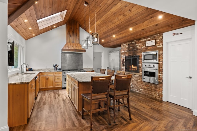 85 Good Hill Rd, Roxbury, CT 06783 - kitchen with stainless steel appliances, lofted ceiling, a skylight, wooden ceiling, and light stone counters