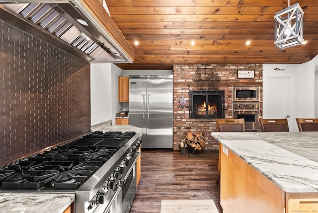 85 Good Hill Rd, Roxbury, CT 06783 - kitchen featuring built in appliances, wall chimney exhaust hood, dark wood-style floors, wooden ceiling, and light stone countertops
