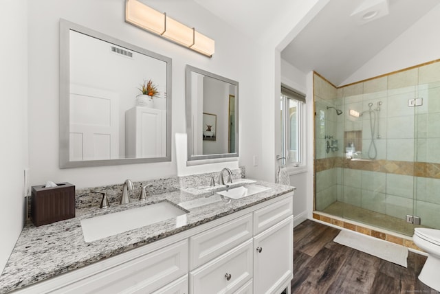 85 Good Hill Rd, Roxbury, CT 06783 - full bath featuring lofted ceiling, double vanity, a stall shower, and wood finished floors