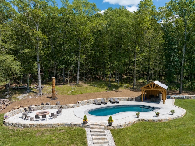 85 Good Hill Rd, Roxbury, CT 06783 - outdoor pool with an outdoor fire pit, a gazebo, a patio, and a yard