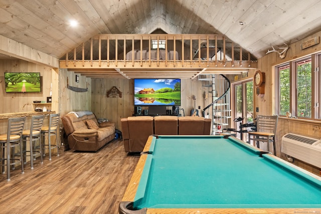 85 Good Hill Rd, Roxbury, CT 06783 - rec room with wooden walls, vaulted ceiling, wood finished floors, billiards, and a wall unit AC