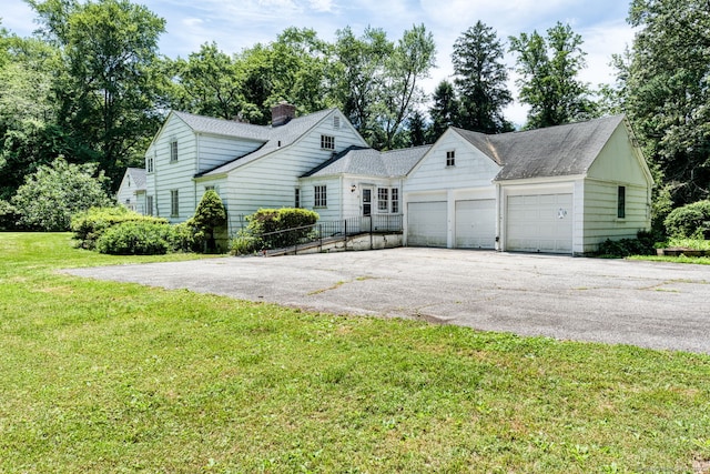 43 Buckfield Ln, Greenwich, CT 06831 - view of front of house with driveway, an attached garage, a shingled roof, and a chimney