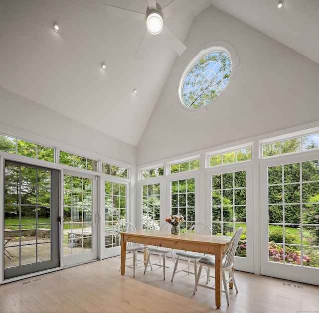 7 Merlins Ln, Newtown, CT 06470 - sunroom / solarium with high vaulted ceiling, french doors, hardwood / wood-style flooring, and a wooden deck