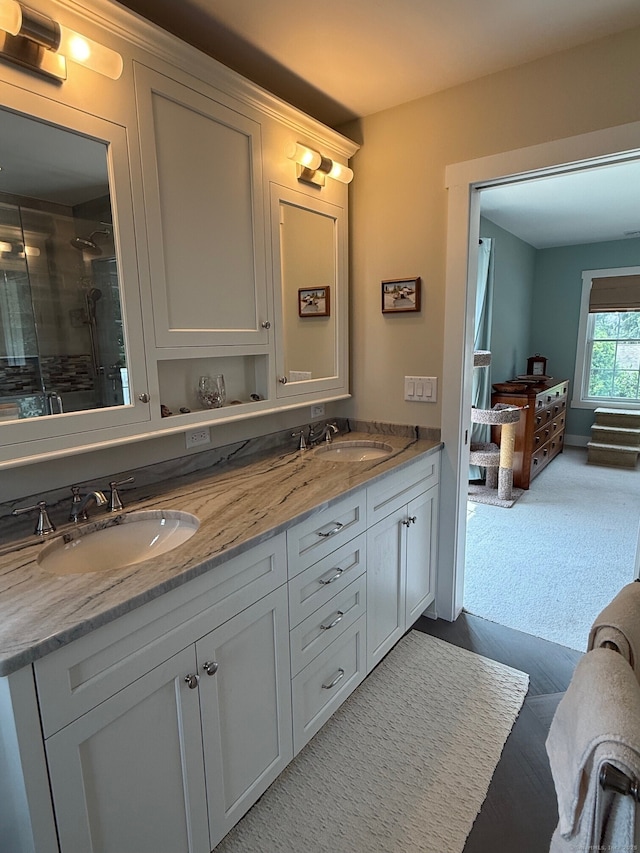 5 Lees Ct, Stonington, CT 06378 - bathroom featuring double vanity and a shower stall