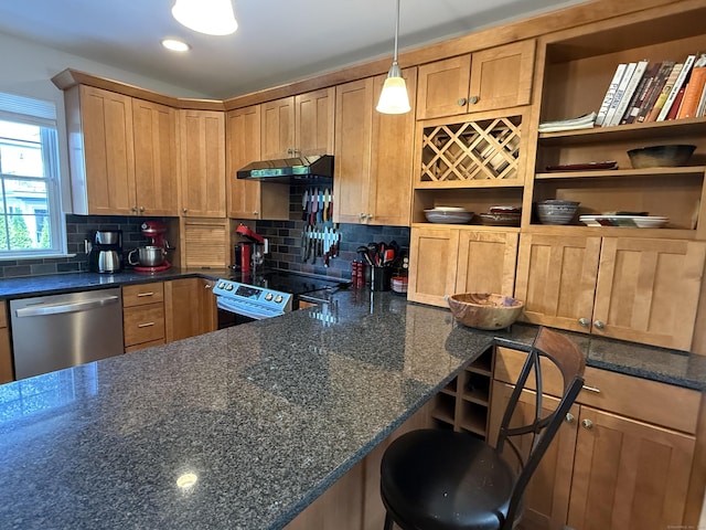 5 Lees Ct, Stonington, CT 06378 - kitchen featuring stainless steel appliances, open shelves, under cabinet range hood, and tasteful backsplash