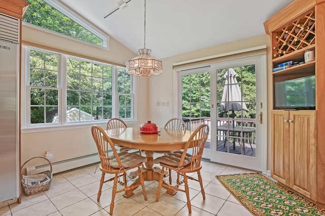 6 Robert Frost Dr, Shelton, CT 06484 - dining space featuring a baseboard radiator, a chandelier, light tile patterned floors, lofted ceiling, and plenty of natural light