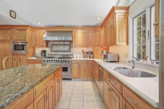 6 Robert Frost Dr, Shelton, CT 06484 - kitchen featuring wall chimney range hood, stainless steel appliances, light tile patterned floors, light stone counters, and recessed lighting